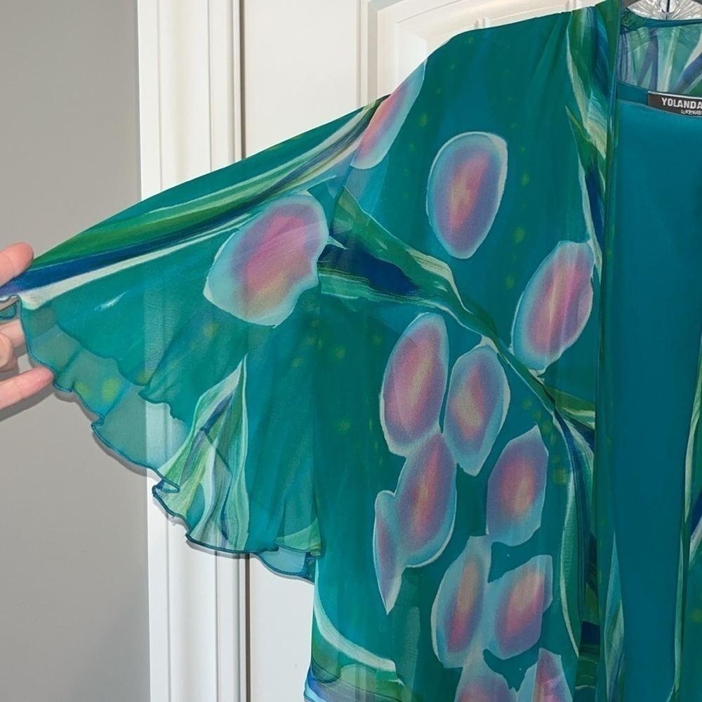 Multi piece Yolanda Lorente teal silk hand painted top skirt and topper size M - Picture 14 of 15